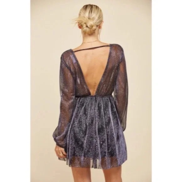 Indigo Metallic Sparkling Mesh Long Sleeve Cocktail Holiday Party Mini Dress - Picture 4 of 7